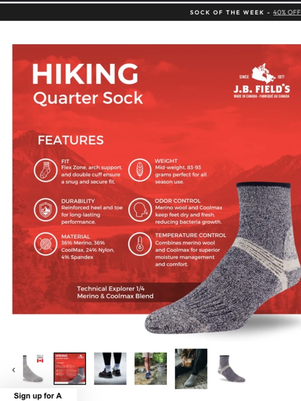 J.B. FIELD'S "TECHNICAL EXPLORER" MERINO/COOLMAX LOW-CUT HIKING ANKLE SOCKS